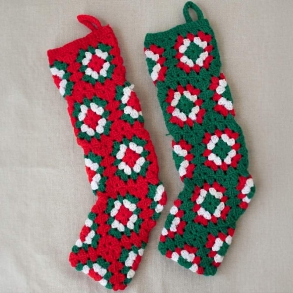 Handmade Vintage Crochet Granny Square Christmas Stockings Red Green Pair Retro